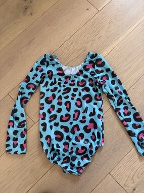 Girls' Long Sleeve Leopard Print One-Piece in Aqua and Pink 3-4T